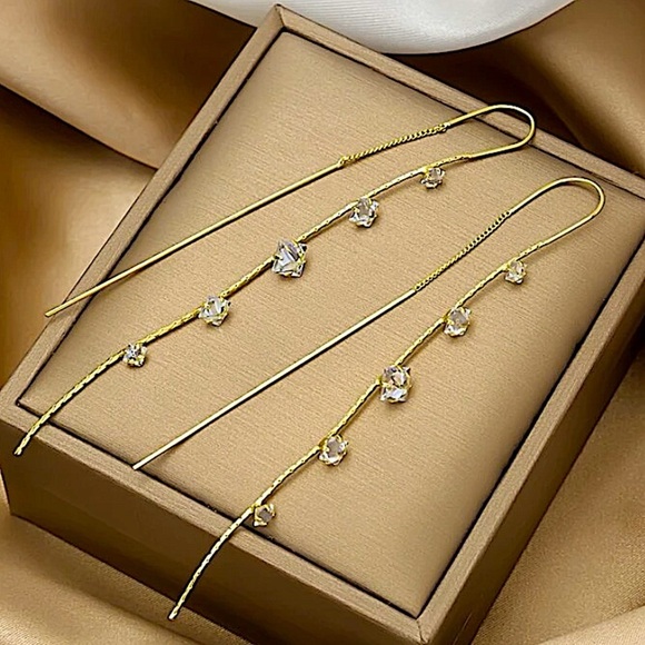 Gold Crystal Tassel Threader Earrings - Picture 2 of 4